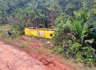 Susto na BR-319: ônibus de viagem sai da pista e tomba próximo à balsa do Igapó Açu